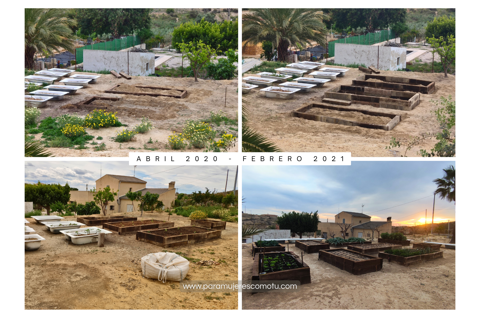 El principio del huerto en bancales elevados (2020-2021) Proceso de construcción de bancales elevados desde el terreno inicial hasta los primeros cultivos durante 2020 y 2021