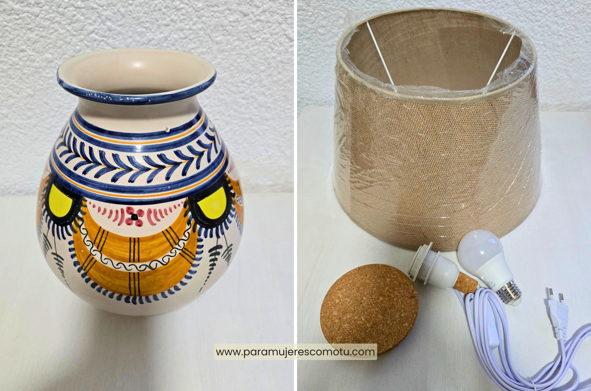 Materiales para convertir un jarrón en lámpara: jarrón decorativo, pantalla, kit portalámparas, tapón de corcho y bombilla